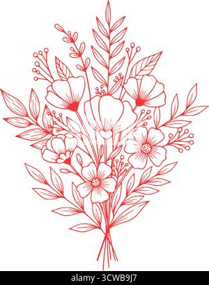 Élégant bouquet floral ligne art avec des fleurs rouges délicates, des branches et des feuilles. Illustration botanique dessinée à la main, conception simple de la nature. Illustration de Vecteur