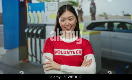 Femme souriant à la station-service portant une chemise de volontaire avec des pompes et une voiture en arrière-plan, mettant l'accent sur une scène utile et extérieure. Banque D'Images