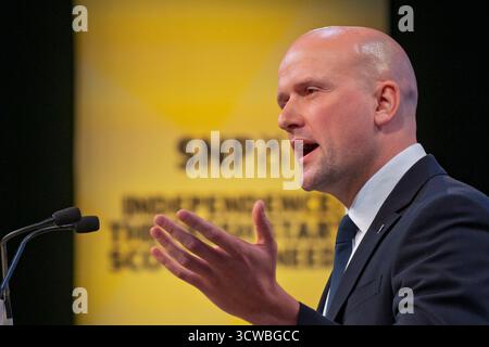 Aberdeen, Écosse, Royaume-Uni. 11 octobre 2025. Premier jour de la conférence annuelle SNP à Aberdeen, Écosse. Pic : le député Steven Flynn prononce un discours d'ouverture à la conférence. Iain Masterton/Alamy Live News. Banque D'Images