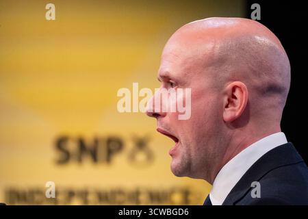 Aberdeen, Écosse, Royaume-Uni. 11 octobre 2025. Premier jour de la conférence annuelle SNP à Aberdeen, Écosse. Pic : le député Steven Flynn prononce un discours d'ouverture à la conférence. Iain Masterton/Alamy Live News. Banque D'Images