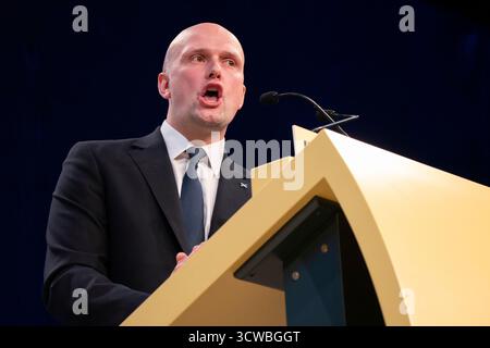 Aberdeen, Écosse, Royaume-Uni. 11 octobre 2025. Premier jour de la conférence annuelle SNP à Aberdeen, Écosse. Pic : le député Steven Flynn prononce un discours d'ouverture à la conférence. Iain Masterton/Alamy Live News. Banque D'Images