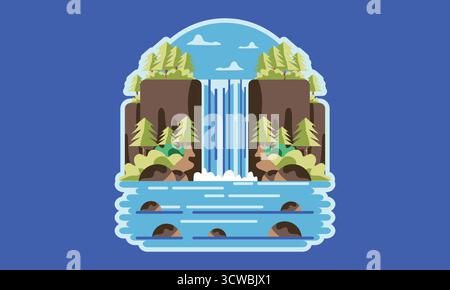 Une illustration numérique tranquille d'une cascade paisible entourée d'une forêt luxuriante et d'un flux de rivière doux. Parfait pour la nature, la détente, serein Illustration de Vecteur