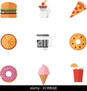 Ensemble d'icônes de nourriture et de boisson – hamburger, pizza, café, dessert et collations dans un style plat Illustration de Vecteur