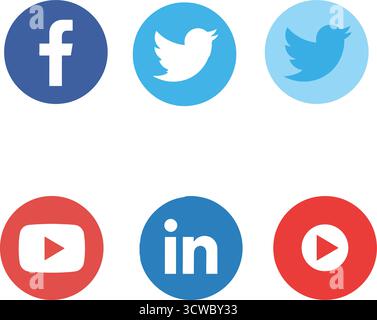 Ensemble d'icônes populaires de médias sociaux - Facebook, Twitter, YouTube, LinkedIn logos dans la conception circulaire. Illustration de Vecteur