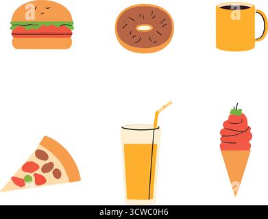 Ensemble coloré d'icônes de restauration rapide – illustrations de hamburger, pizza, beignet, café, jus et crème glacée Illustration de Vecteur