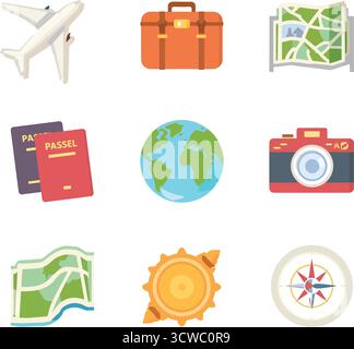 Ensemble d'icônes de voyage – avion, valise, passeport, carte, globe terrestre, caméra, boussole et collection de vecteurs solaires Illustration de Vecteur