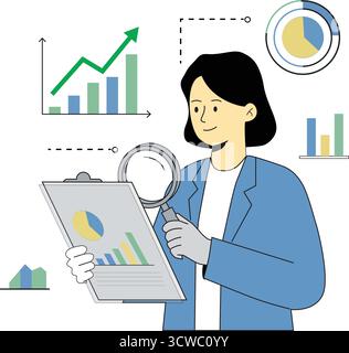 Analyste financier examinant les graphiques et les données de croissance de l'entreprise. Femme professionnelle analysant les tendances du marché et la stratégie d'investissement pour la visibilité de la recherche. Illustration de Vecteur