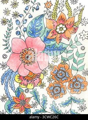 Carte de fleurs abstraites dessinée avec des crayons de couleur dans le style des enfants. Ornement de fleurs sauvages, fond, illustration florale dessinée à la main brillante pour Banque D'Images