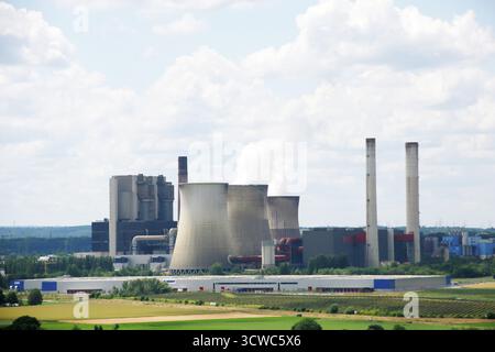 Vue de la centrale au lignite d'Eschweiler depuis la tour d'observation Indemann, Inden, Rhénanie du Nord-Westphalie, Allemagne Banque D'Images