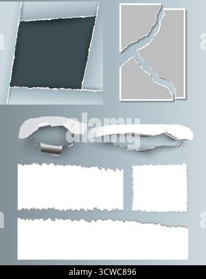 Set de texture de superposition de papier - effets déchirés, granuleux et usés avec des bords endommagés, vecteur de timbres antiques vintage Illustration de Vecteur