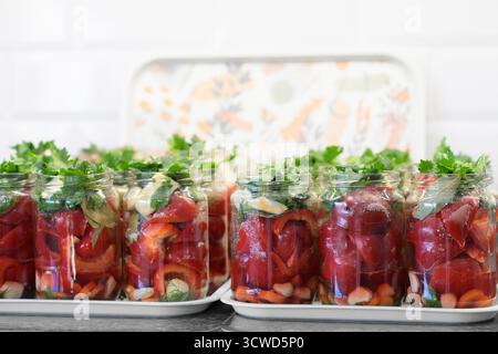Bocaux en verre remplis de poivrons rouges, de tranches de carottes, de gousses d'ail, d'aneth et de feuilles de laurier disposés pour le marinage fait maison dans un cadre de cuisine propre Banque D'Images
