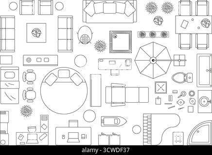 Jeu d'icônes de meubles pour chambre de luxe, plan de siège, plan d'étage, design d'intérieur, salon, salle de bains, canapé, chambre à coucher, éléments architecturaux, plan Illustration de Vecteur