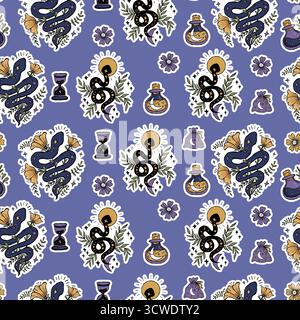 Motif sorcier sans couture avec serpent mystique, fleurs, lune et symboles célestes sur fond bleu. Répétition du modèle de dessin texturé à la main. Vecteur Illustration de Vecteur