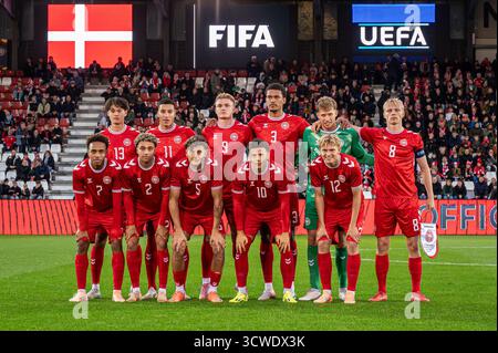 Vejle, Danemark. 10 octobre 2025. Le départ 11 du Danemark vu pour les qualifications UEFA EURO U21 entre le Danemark et l'Autriche au stade de Vejle à Vejle. Banque D'Images