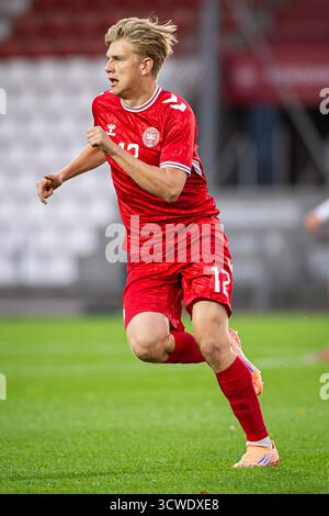 Vejle, Danemark. 10 octobre 2025. Thomas Jorgensen (12 ans) du Danemark vu lors de la qualification UEFA EURO U21 entre le Danemark et l'Autriche au stade de Vejle à Vejle. Banque D'Images