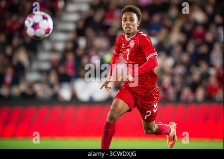 Vejle, Danemark. 10 octobre 2025. Noah Nartey (7 ans) du Danemark vu lors de la qualification UEFA EURO U21 entre le Danemark et l'Autriche au stade de Vejle à Vejle. Banque D'Images