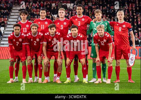 Vejle, Danemark. 10 octobre 2025. Le départ 11 du Danemark vu pour les qualifications UEFA EURO U21 entre le Danemark et l'Autriche au stade de Vejle à Vejle. Banque D'Images