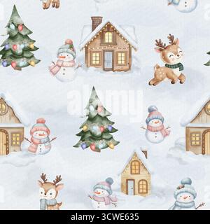 Motif aquarelle sans couture avec bonhommes de neige dans des chapeaux et des foulards, rennes mignons, maison en bois avec des lumières, arbre enneigé décoré et ornements de Noël de couleur pastel dans un style ludique et adapté aux enfants Banque D'Images