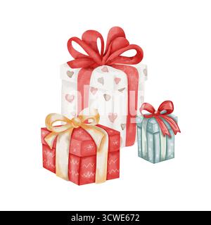 Lot de trois coffrets cadeaux en blanc, rouge et vert, avec des noeuds rouges et dorés. Pour les événements de Noël et de vacances, design, invitations. Isolé sur fond blanc Banque D'Images