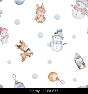 Motif aquarelle d'hiver sans couture avec des bonhommes de neige mignons en chapeaux bleus et foulards, bébé cerf, pingouin, ours polaire, lapin. Fond blanc, boules de neige, boules dorées. Illustration de Noël, couleurs pastel Banque D'Images