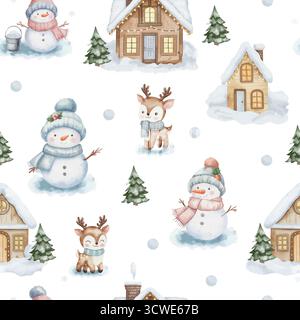 Motif de Noël aquarelle sans couture avec bonhomme de neige mignon portant un chapeau bleu et une écharpe, cerf, maisons en bois confortables avec des arbres de Noël, des lumières et des neiges. Nouvel an, design festif, fond blanc Banque D'Images