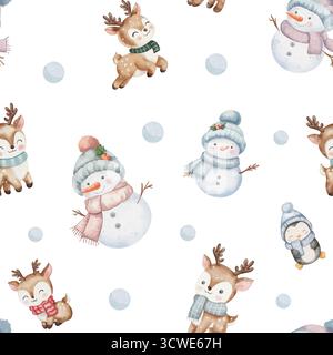 charmant motif aquarelle sans couture avec des bonhommes de neige mignons, des bébés rennes et des pingouins dans des couleurs pastel. Parfait pour les créations festives de Noël et de vacances d'hiver. Fond blanc. Banque D'Images