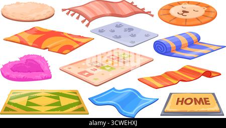 Tapis de dessin animé. Rouleau de tapis de laine, tapis pour le yoga ou chien animal moelleux tapis chambre salon salle de séjour enfant couverture de tissu maison paillasson tapis faits main pique-nique, ensemble Illustration de Vecteur