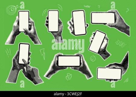 Collage demi-ton smartphone. Téléphone portable, écran de téléphone portable maquette de médias sociaux mixte téléphone d'application mobile rétro papier nouvelles pop art découpe autocollant Illustration de Vecteur