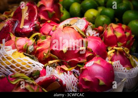 Gros plan de fruits du Dragon roses frais (Pitahaya), certains emballés dans des filets, empilés à côté de citrons verts dans un étal de marché de fruits exotiques Banque D'Images