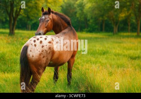 Mage d'un cheval Appaloosa debout dans une prairie verdoyante, tournant gracieusement sa tête en arrière. Banque D'Images