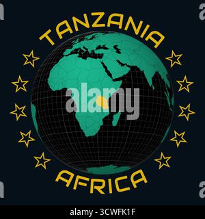 République-Unie de Tanzanie sur Globe. Arrondissez le texte du nom du pays et du continent. Vue du pays sur la carte du monde dans la palette de couleurs Black Emerald. Illustration de Vecteur