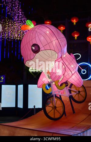 Lerongrong , mascotte officielle des 15èmes Jeux nationaux de la République populaire de Chine sur un vélo de piste, illuminé dans Victoria Park, Hong Kong Banque D'Images