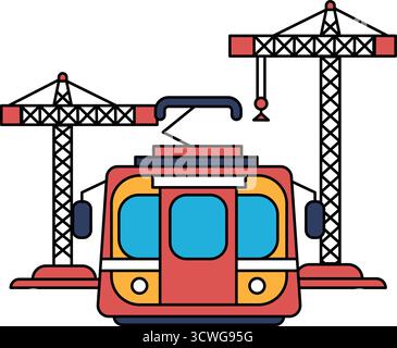 Un train est représenté avec deux grues en arrière-plan. Le train est noir et blanc. Le train est le principal foyer de l'image Illustration de Vecteur