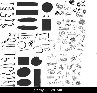 Conception de conseil scolaire avec Doodles pour enfants - Scribble dessiné à la main, flèches, surligneurs et collection vectorielle Alphabet Illustration de Vecteur