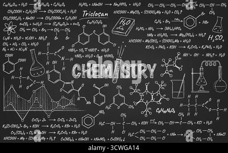Tableau noir détaillé rempli d'équations chimiques et de structures moléculaires en blanc sur fond sombre. Thème pédagogique et scientifique pour chemis Illustration de Vecteur