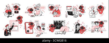 Illustration de personnages de dessins animés s'engageant avec l'intelligence artificielle amicale dans des contextes éducatifs. Comprend des éléments d'apprentissage et de technolog Illustration de Vecteur