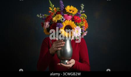 Personne tenant un vase de fleurs colorées sur un fond sombre et sombre Banque D'Images