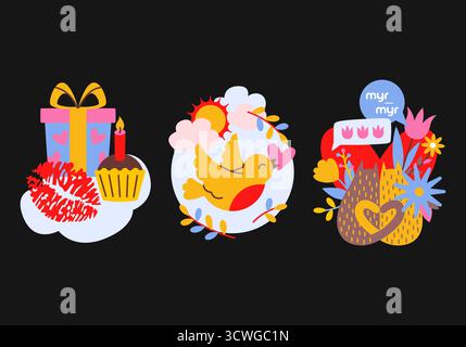 Ensemble de compositions de vacances dans le style de dessin animé. Illustrations mignonnes, autocollants pour la décoration et l'impression. Printemps, vacances, objets, cadeaux, fleurs. Banque D'Images