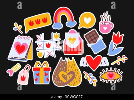 Ensemble lumineux d'autocollants de printemps dans un style de bande dessinée rétro. Collection mignonne d'illustrations. Cadeau, coeur, enveloppe, tulipe, calendrier, arc-en-ciel, chats, tasse. Banque D'Images