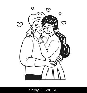 Illustration d'un couple aimant dans une étreinte chaleureuse. Le dessin au trait noir et blanc représente un moment tendre avec des cœurs flottant autour. Simple et sincère Illustration de Vecteur