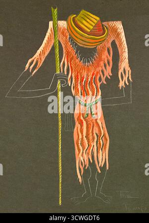 Barry Farnol (américain, 1908-1989) - No More Peace : robe à franges brunes déchiquetées, bâton de marche vert et chapeau brun (1934-1943) Banque D'Images