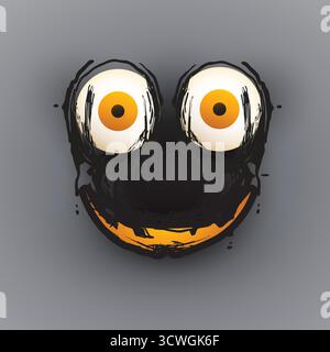 Visage souriant de monstre d'Halloween de dessin animé avec des yeux gonflés et des élèves orange sur fond gris - carte ou couverture Happy Halloween, bannière saisonnière d'automne, Illustration de Vecteur