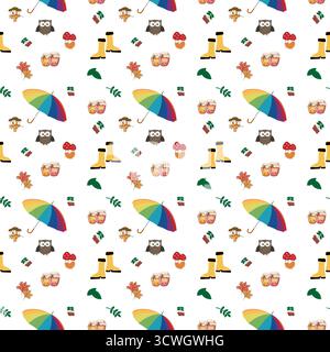 Motif d'automne avec hibou, champignons et feuilles. Illustration de Vecteur