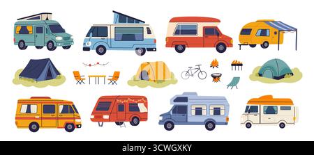 Campeurs de dessins animés. Différents types de camionnettes, remorques, camions d'été et caravanes, véhicules de loisirs de vacances, camping vacances voyage aventure dessin animé Illustration de Vecteur