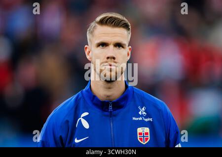Oslo, Norvège. 11 octobre 2025. Kristoffer Ajer de Norvège vu lors du match de qualification pour la Coupe du monde 2026 entre la Norvège et Israël au stade Ullevaal à Oslo. Banque D'Images