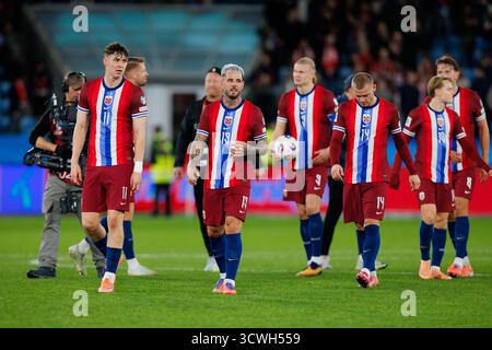 Oslo, Norvège. 11 octobre 2025. Fredrik Bjorkan (15 ans) et Jorgen Strand Larsen (11 ans), de Norvège, vus lors du match de qualification pour la Coupe du monde 2026 entre la Norvège et Israël au stade Ullevaal à Oslo. Banque D'Images