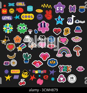 Jeu de vecteur d'autocollants rétro Y2K ludique - personnages de dessin animé Groovy, étiquettes rétro colorées et esthétique des années 90 Illustration de Vecteur