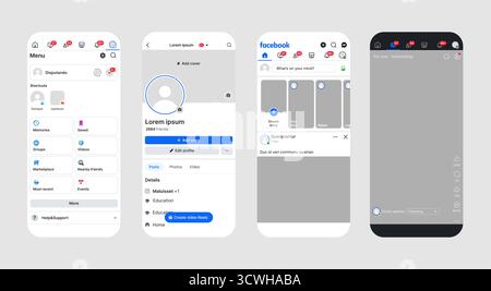 Kiev, Ukraine - 7 juin 2025, modèle d'interface mobile de médias sociaux montrant la mise en page de l'application Facebook, le profil utilisateur, le fil d'actualité, les notifications et les options de menu, illustration vectorielle isolée. Illustration de Vecteur