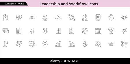 Icônes de leadership, de réussite et de flux de travail – ensemble vectoriel de style de ligne moderne Illustration de Vecteur
