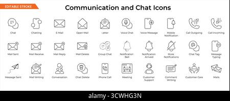 Icônes de communication et de discussion – Collection minimale de vecteurs de messages, de messages et de notifications de style de ligne Illustration de Vecteur
